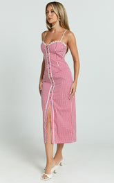 Anessa Midi Dress - Button Front Bustier Fitted Dress in Red Gingham